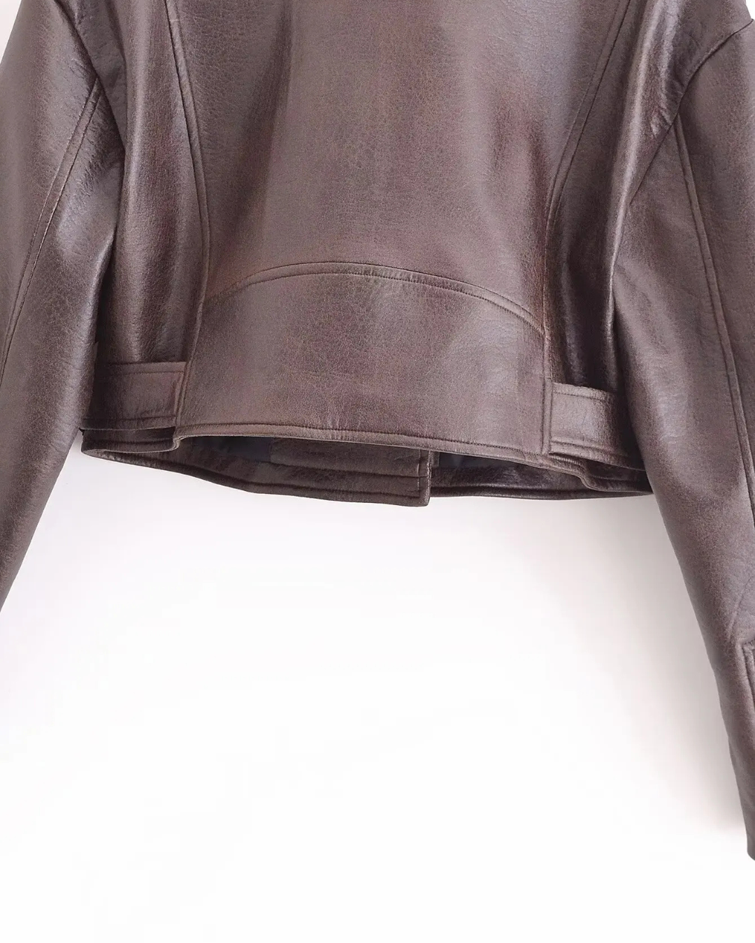 Cropped Kunstleren Jas met Riem en Ritsvakken voor Dames