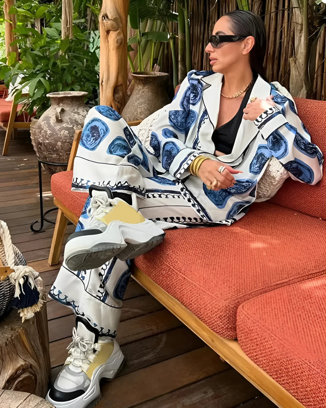 Vintage Casual Dames Pak met Print en Wijde Pijpen voor Dames