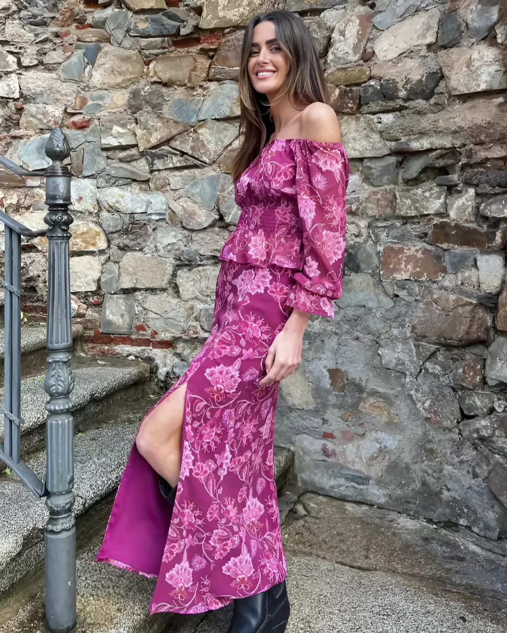 Elegante Paarse One Shoulder Top en Split Rok voor Dames