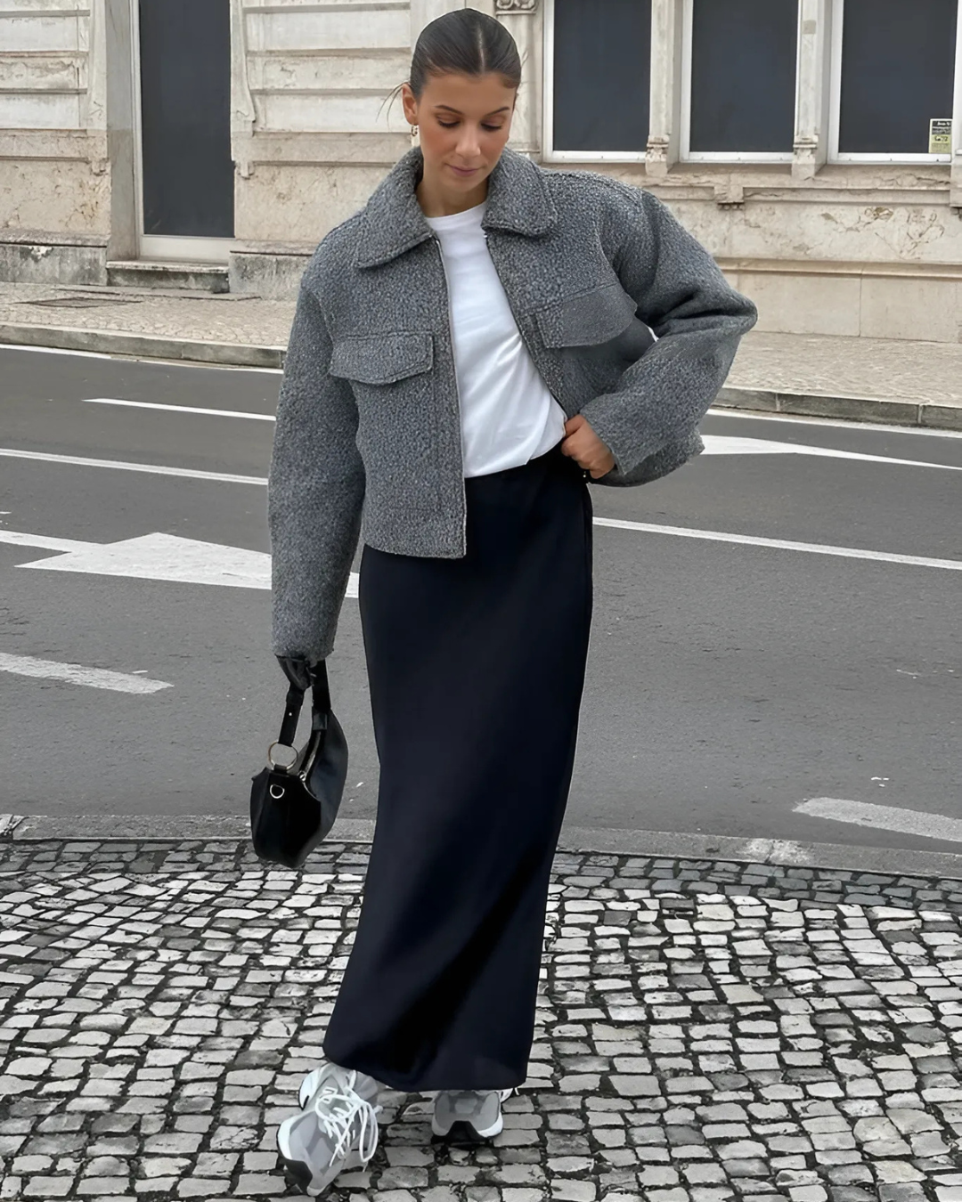 Grijze Tweed Cropped Bomberjack met Grote Zakken voor Dames