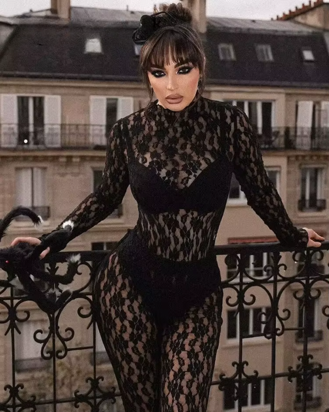 Gebloemde Zwarte Kanten Top en Broek Set voor Dames