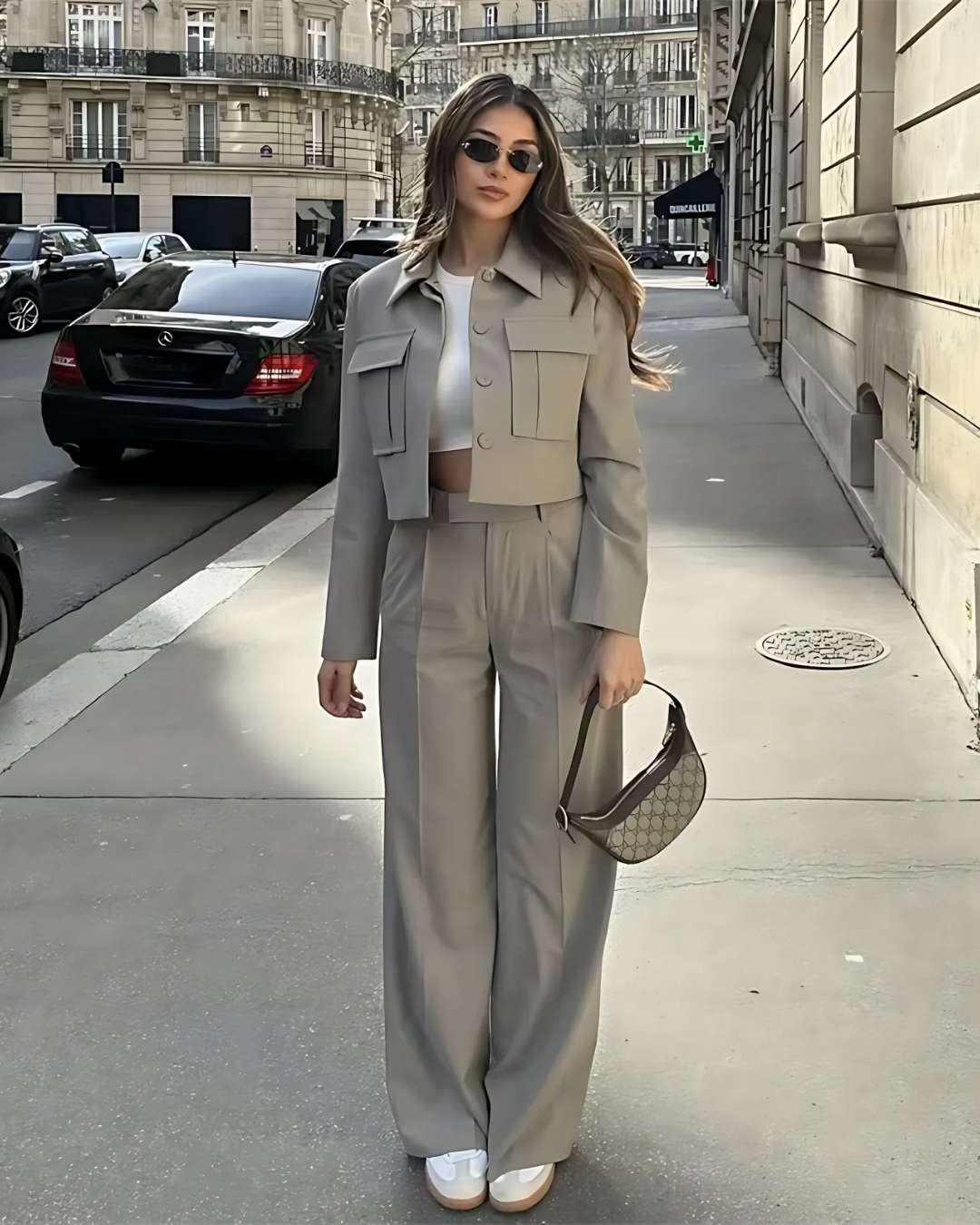 Trendy Groene Tweedelige Jas en Broek Set voor Dames