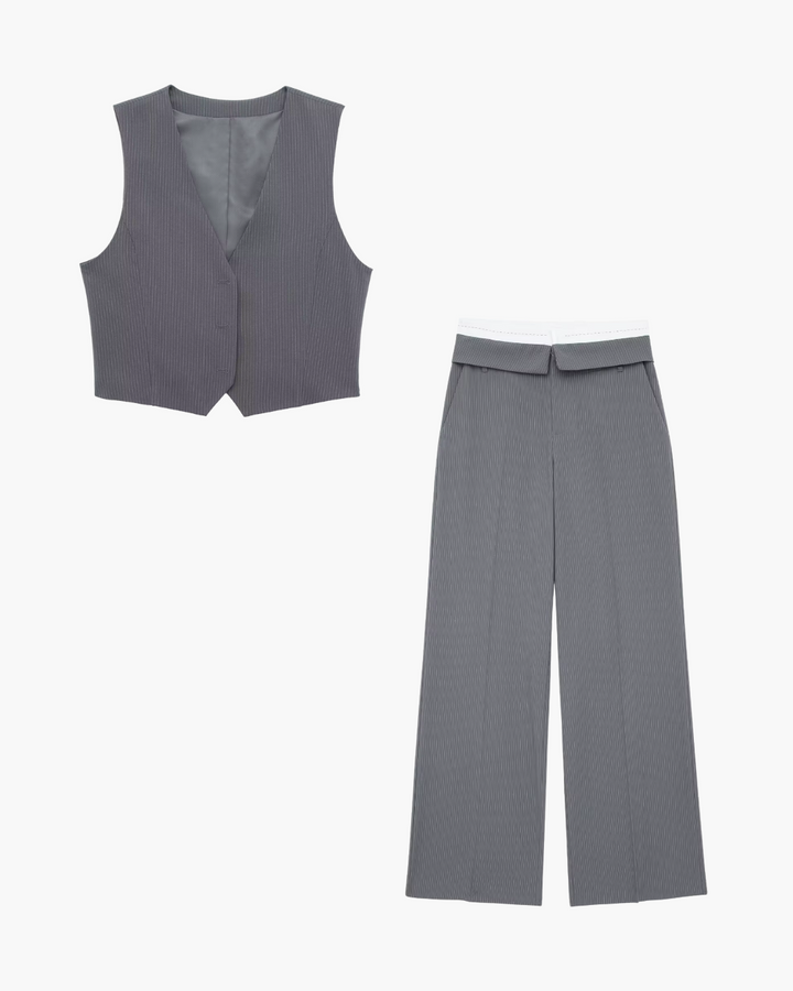 Gestreept Kort Vest met Wijde Broek Set voor Dames