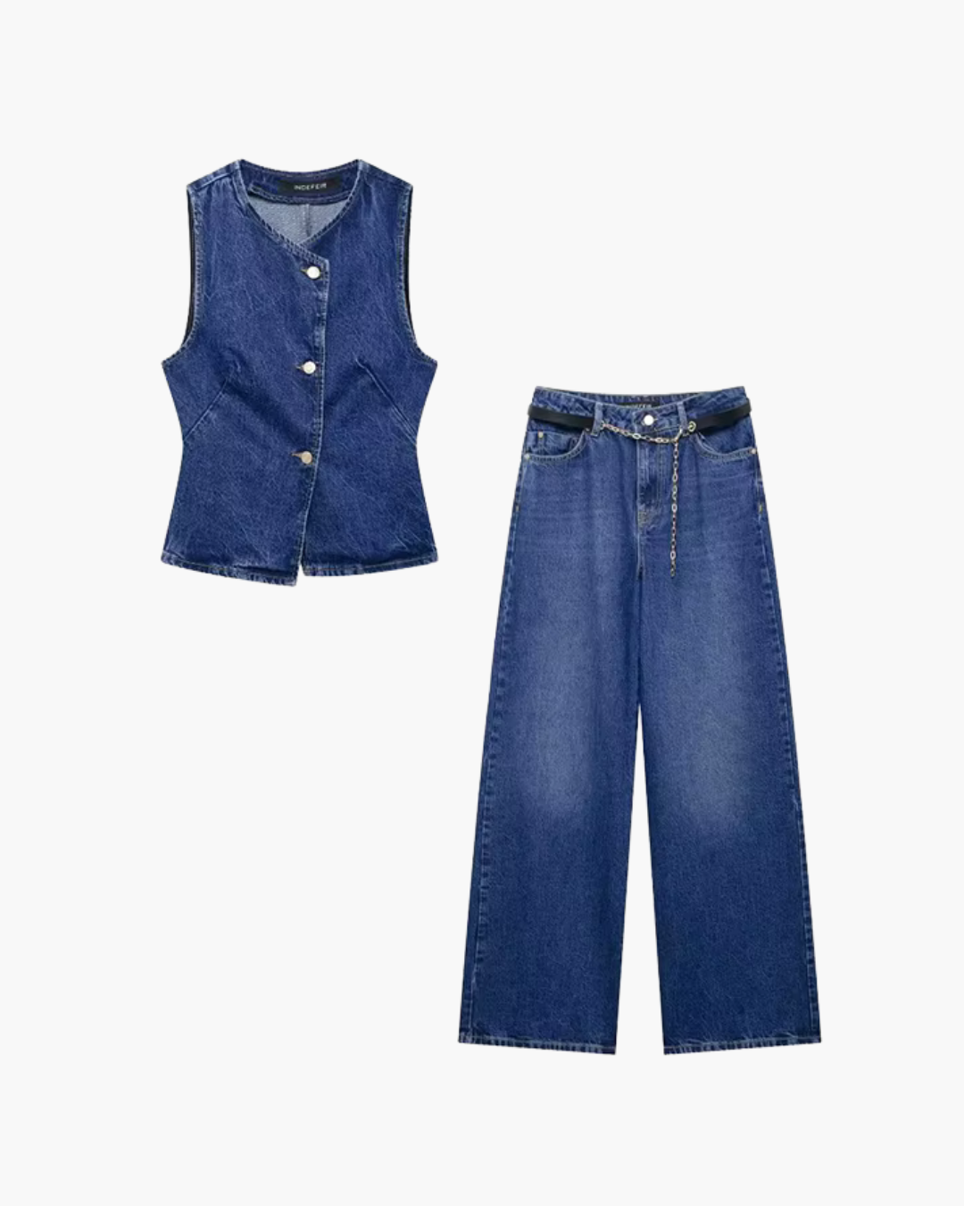 Tweedelige Denim Set met V Hals Top en Broek voor Dames