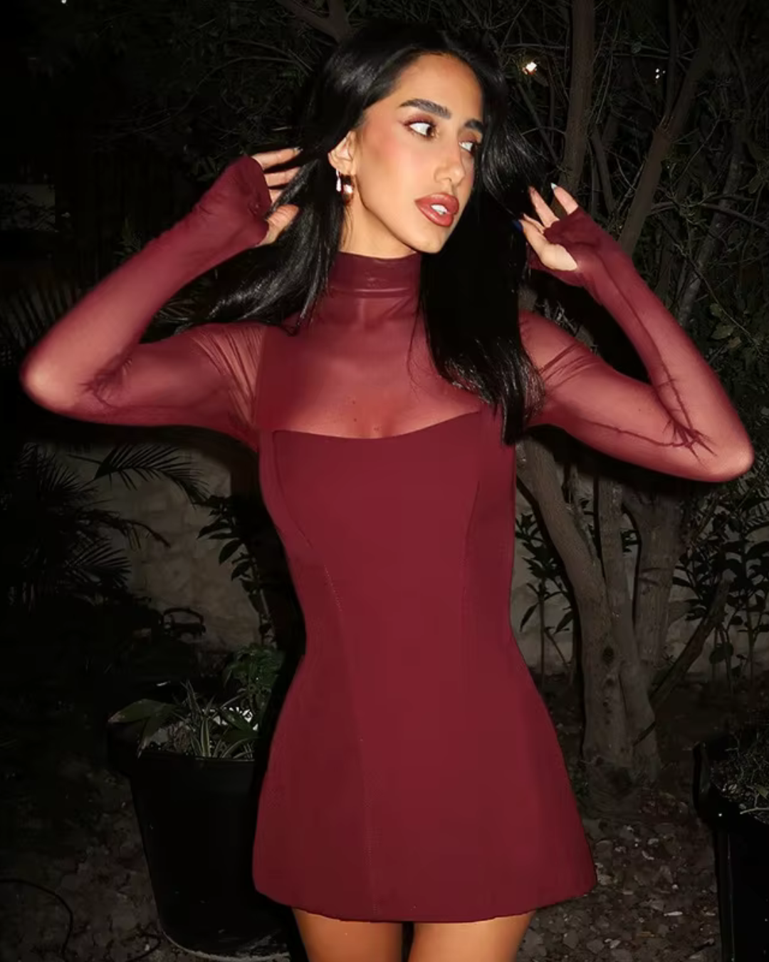 Bordeaux Rode Elegante Dames Jurkje met Doorzichtige Mouwen en Hals