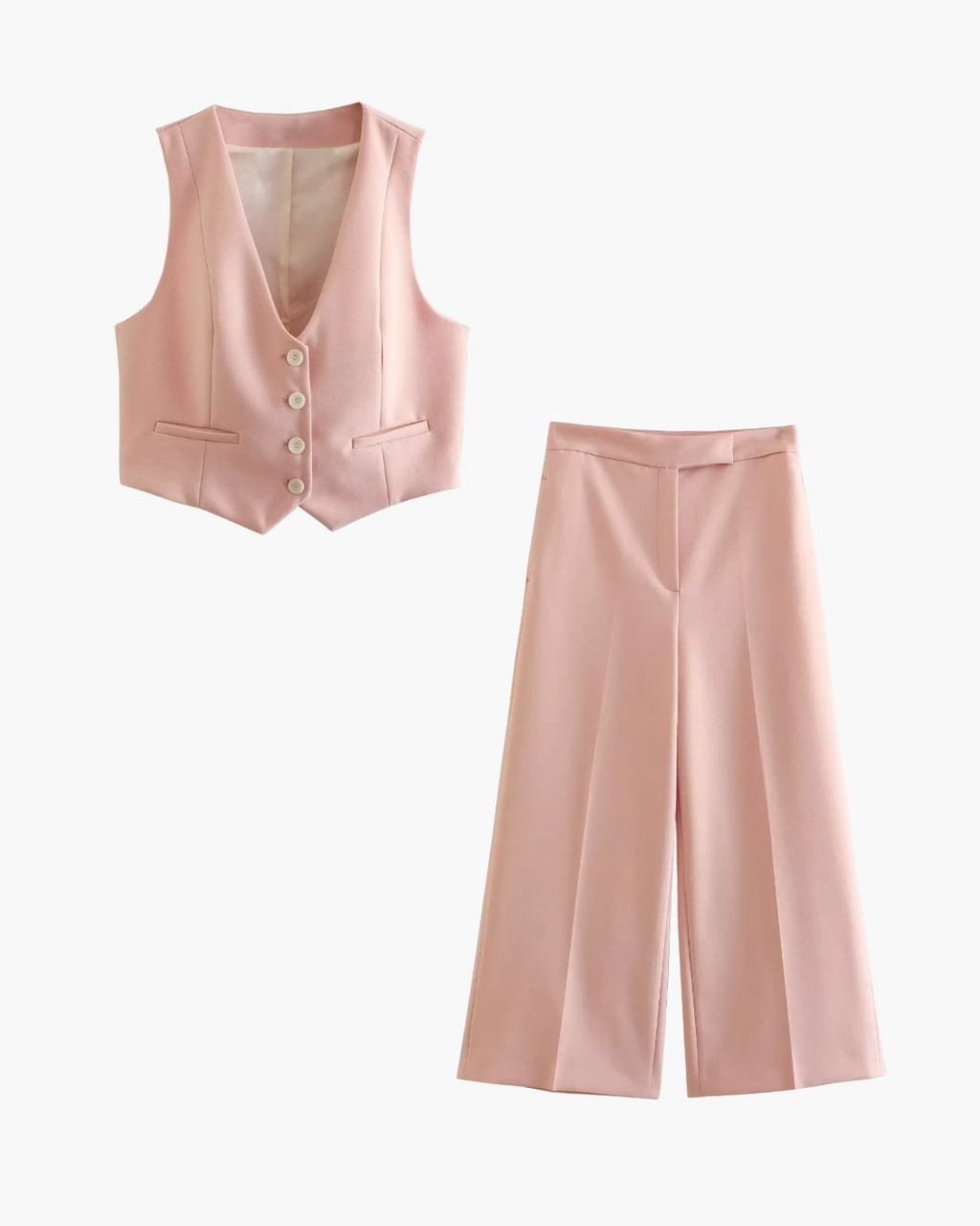Chique Roze Gilet met Wijde Pantalon Set voor Dames