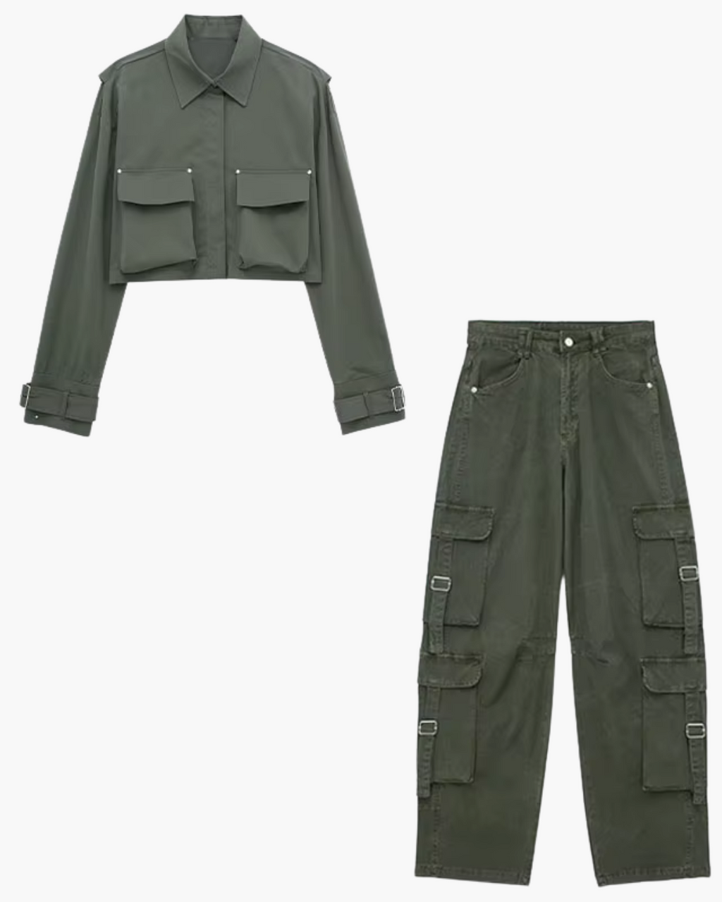 Tweedelige Cargo Set met Cropped Shirt en Broek voor Dames
