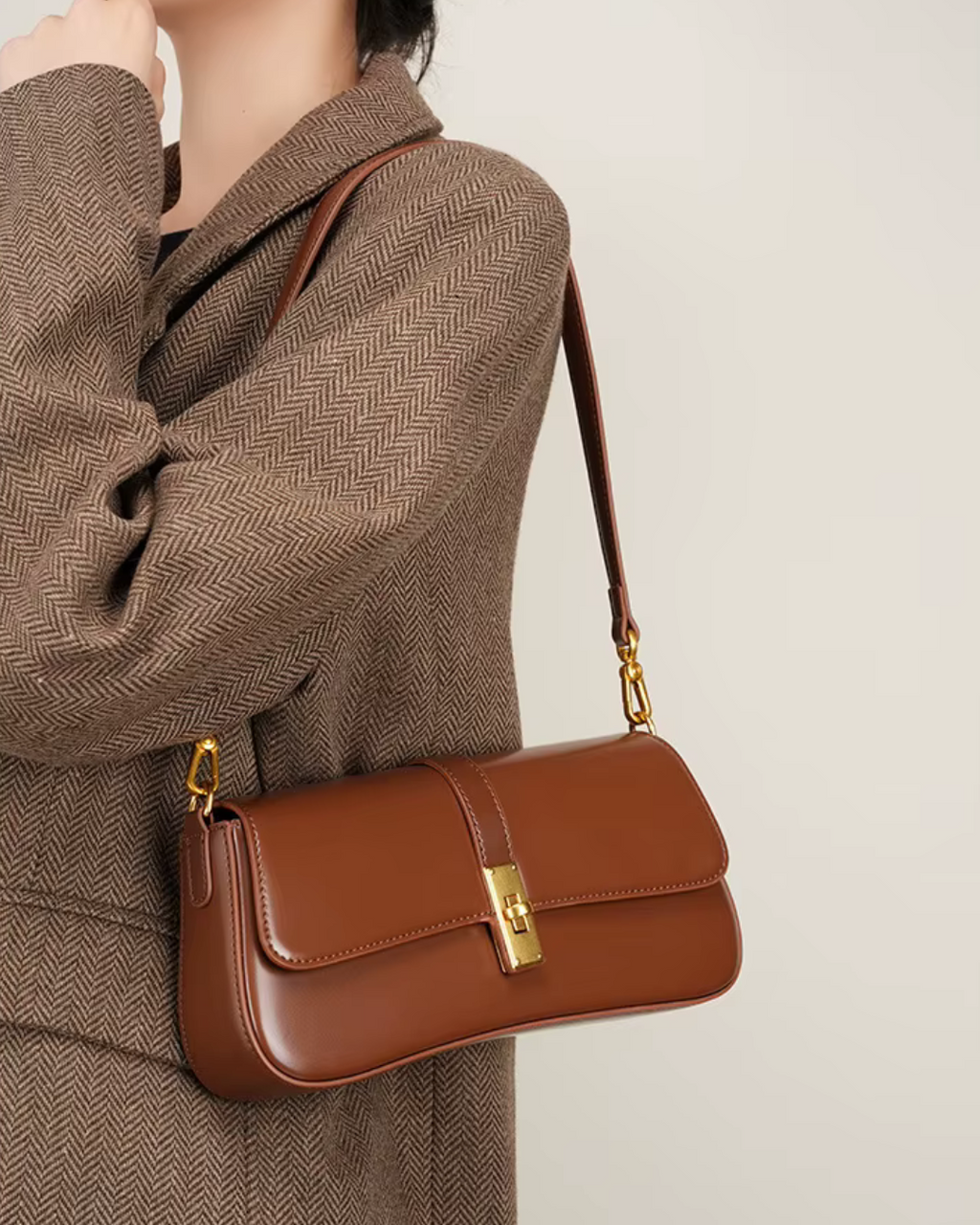 Bruine Leren Schoudertas voor Dames