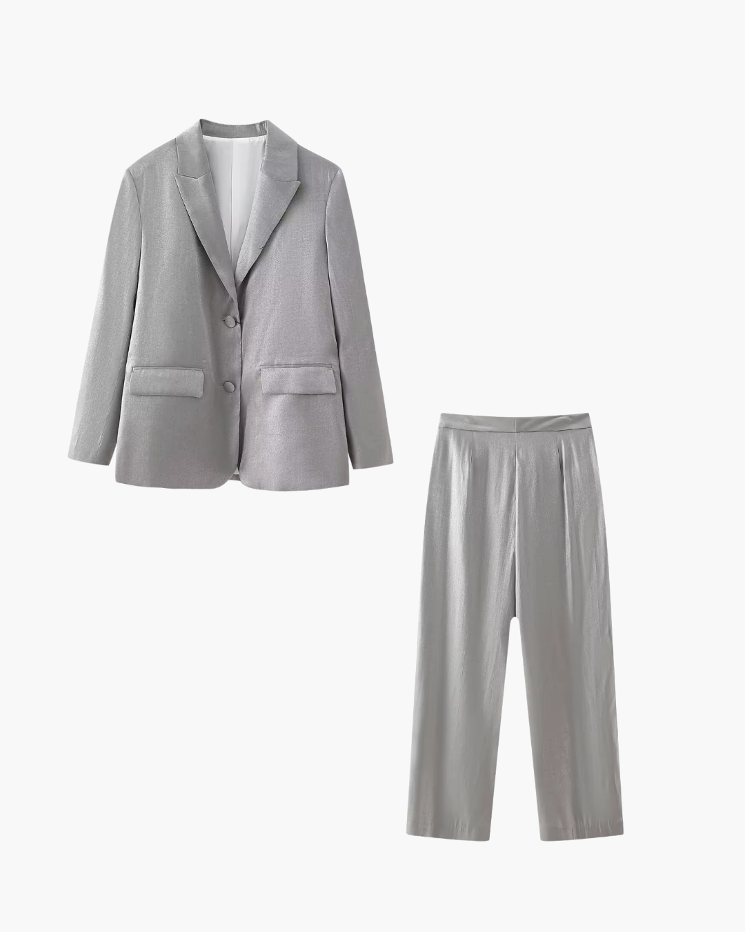 Satijnen Grijze Tweedelige Blazer en Broek Set voor Dames