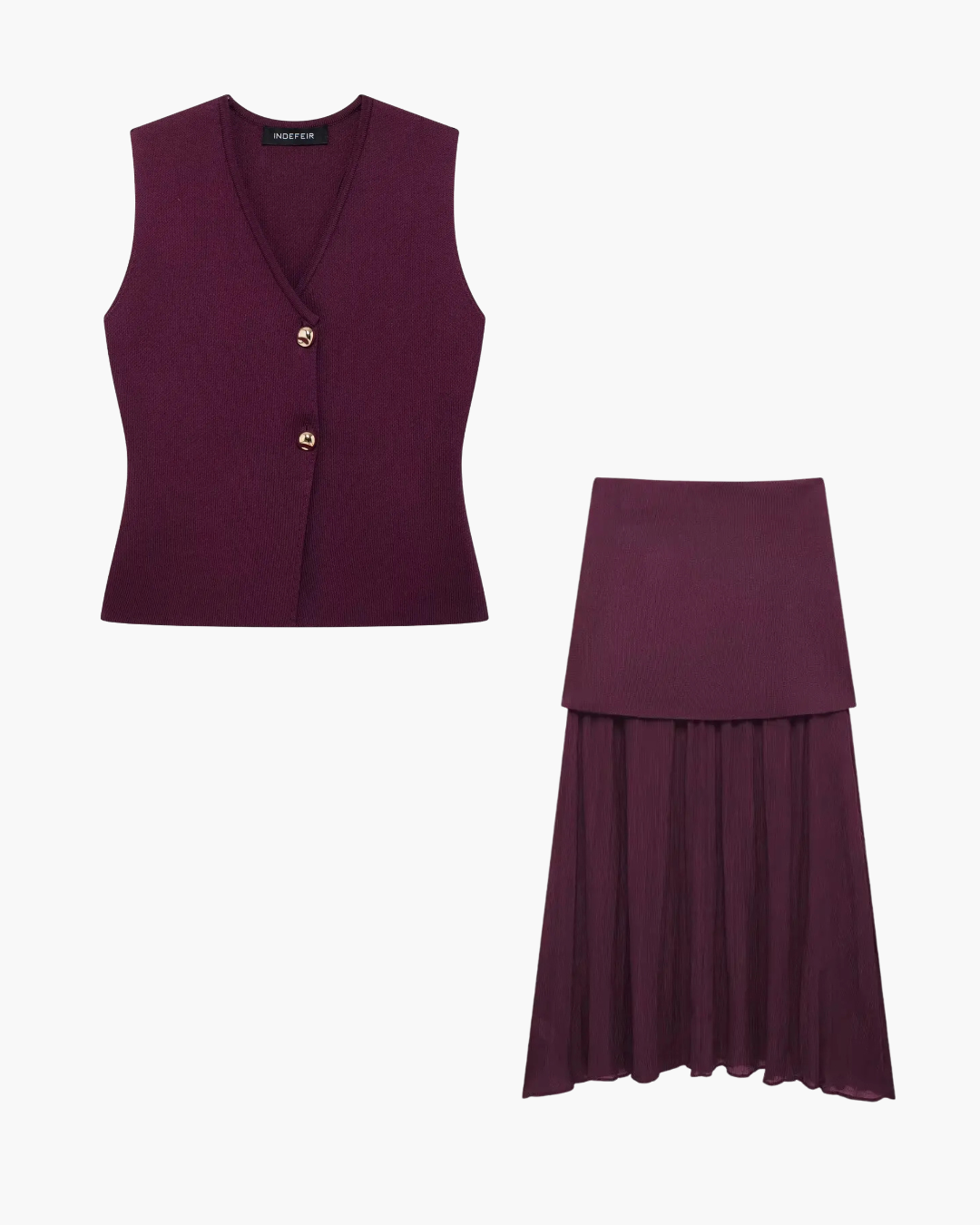 Bordeaux Rode Set met V-hals Vest en Hoge Taille Rok voor Dames