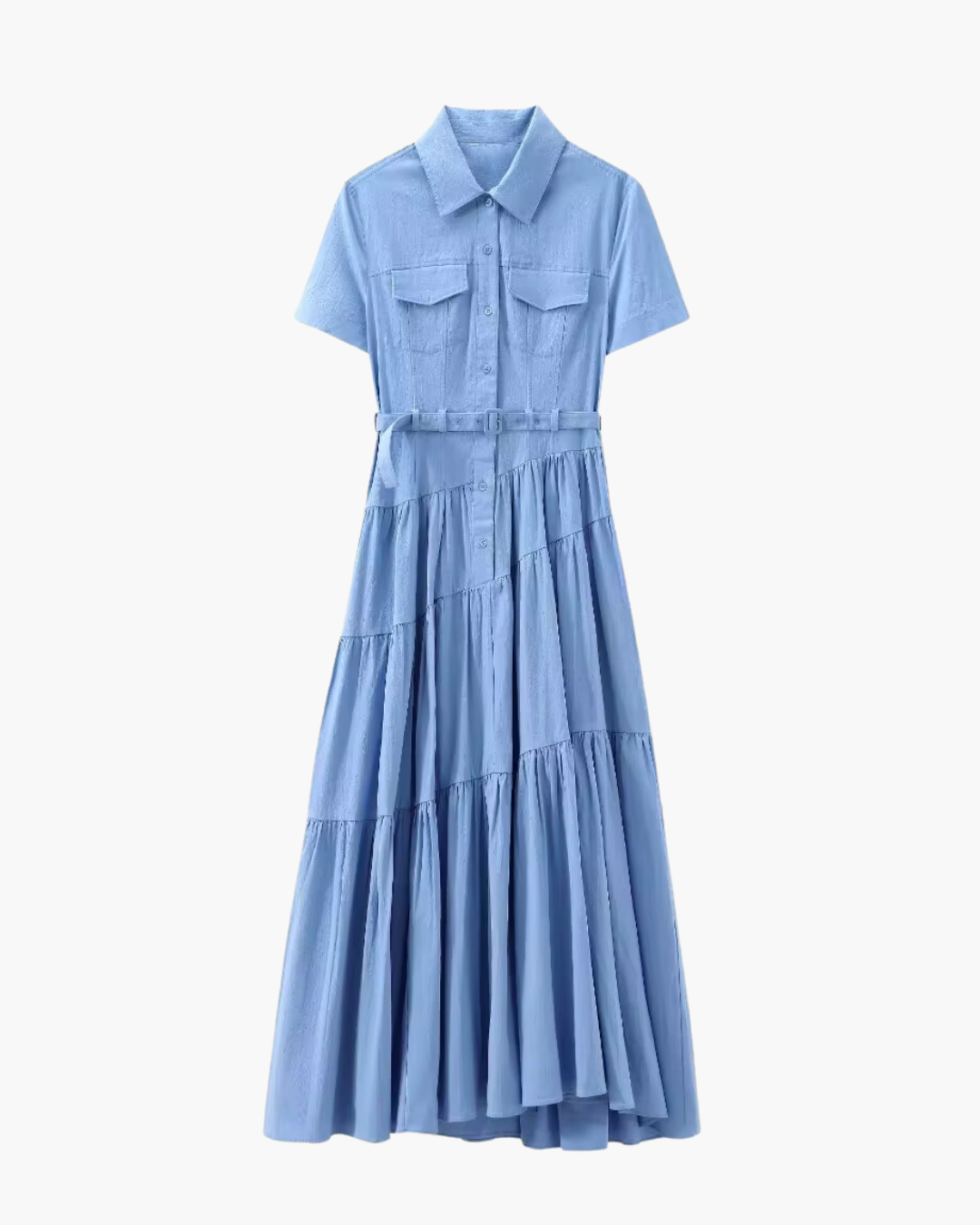 Lange Maxi Jurk met Kraag en Borstzakken met Riempje voor Dames