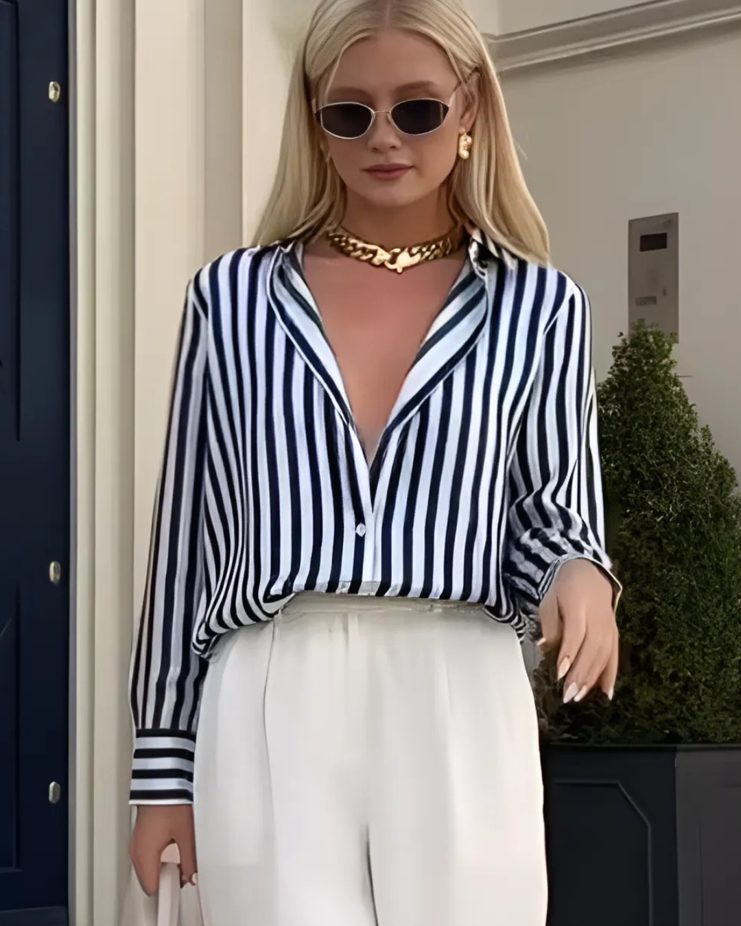 Blauw-Wit Gestreepte Satijnen Blouse voor Dames