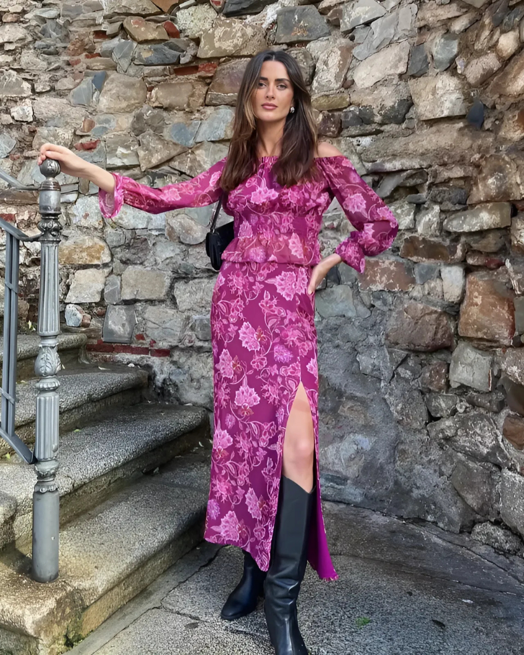 Elegante Paarse One Shoulder Top en Split Rok voor Dames