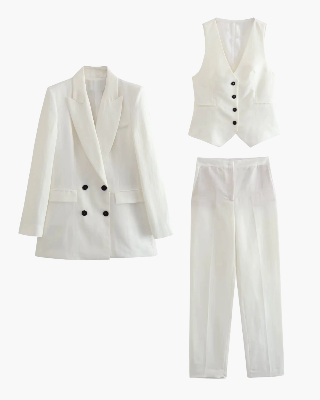 Vintage Luxe Witte Blazer, Gilet en Broek set voor Dames