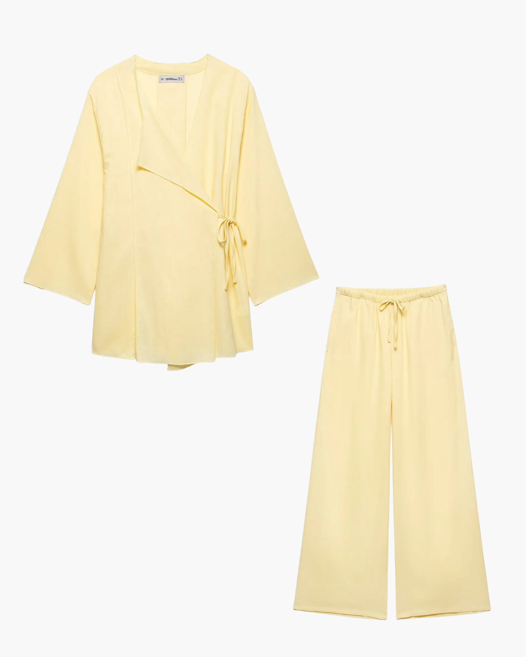 Linnen 2-Delige Set - Kimono Stijl Lace-Up Top & Wijde Broek voor Dames