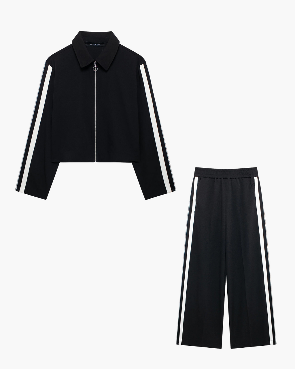 Trendy 2-Delige Set - Zijstreep Ritsjack & Wijde Broek met Elastische Taille voor Dames