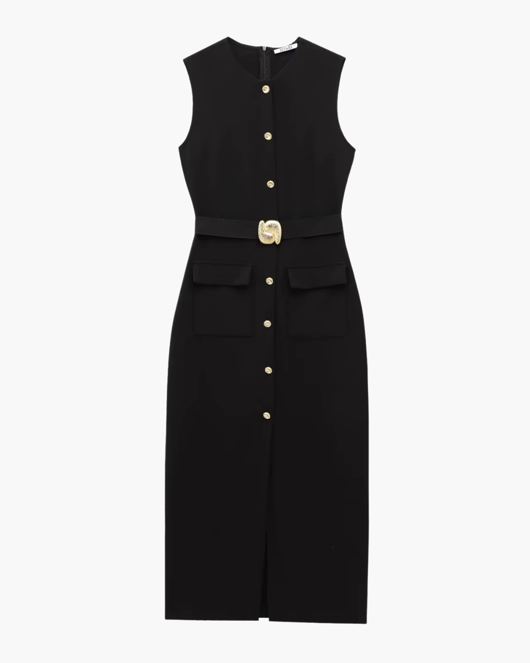 Zwarte Slanke Midi Jurk met Riem en Split voor Dames