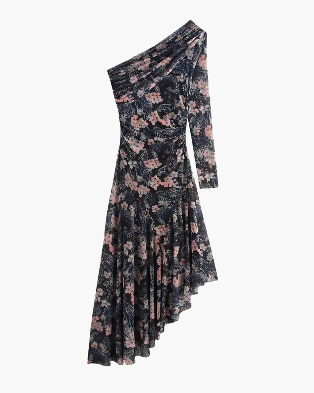 Asymmetrisch Blote Schouder Tule Maxi Jurk met Bloemenprint voor Dames