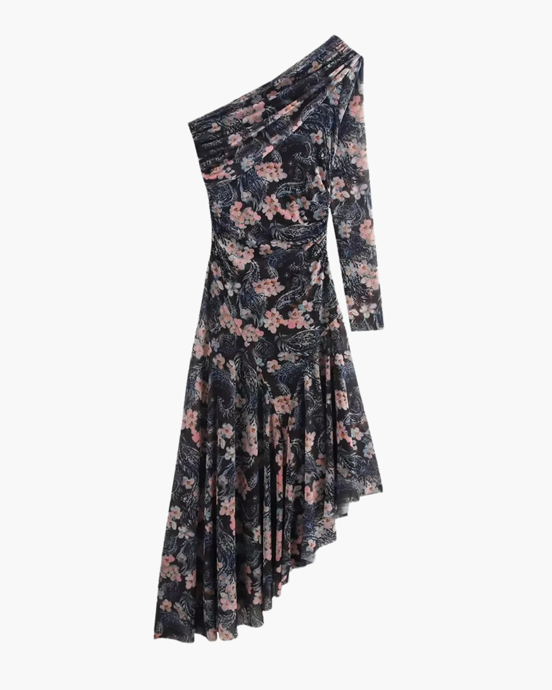Asymmetrisch Blote Schouder Tule Maxi Jurk met Bloemenprint voor Dames