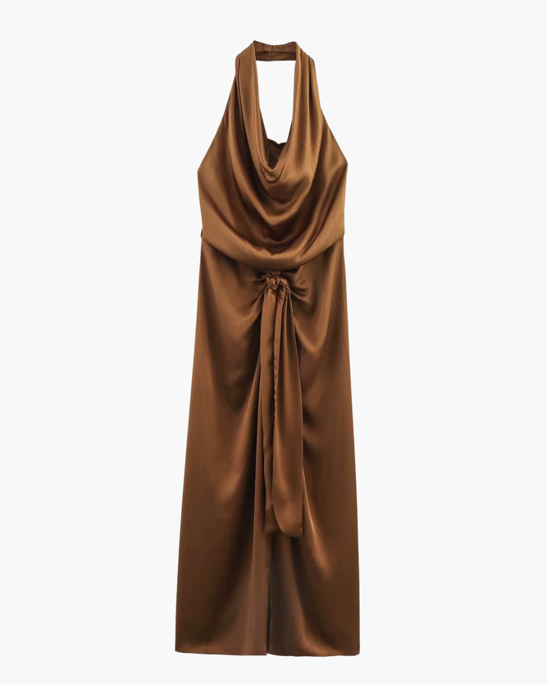 Bruine Satijnen Midi Halterjurk voor Dames