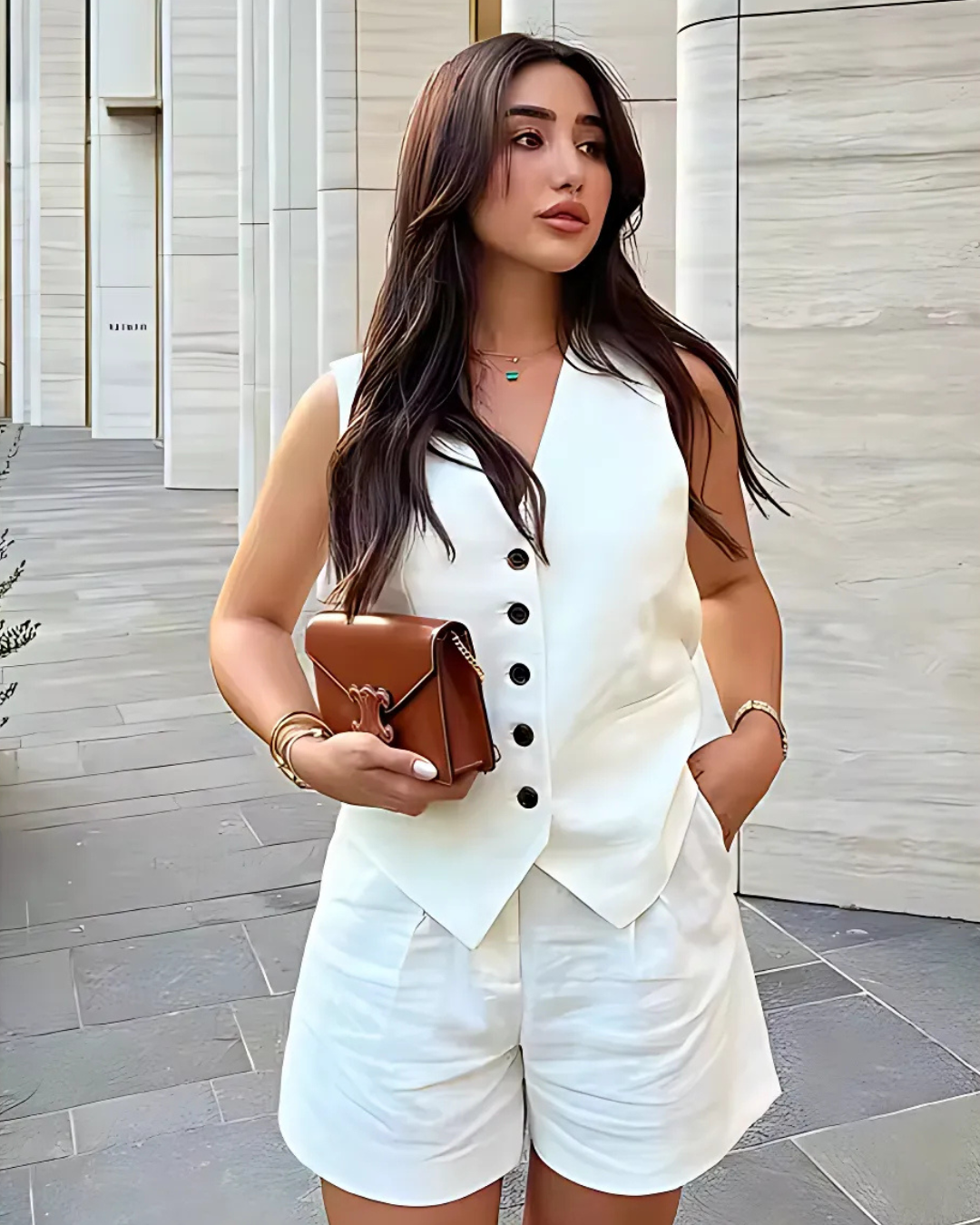 Chique Stijlvolle Witte Gilet en Hoge Taille Bermuda Broek Set voor Dames