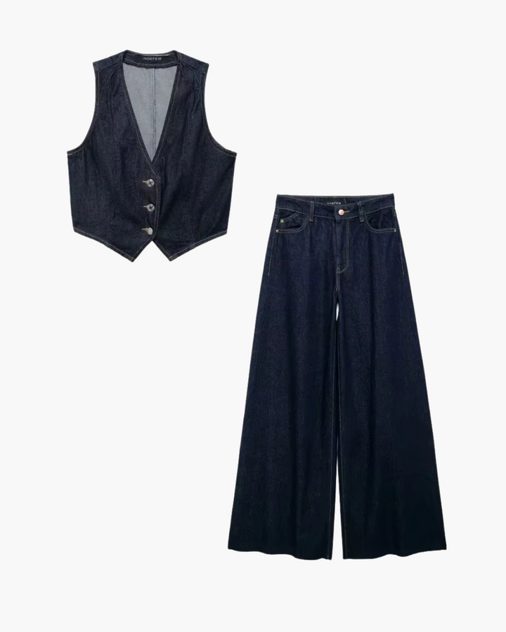 Vintage Denim Gilet en Broek Set voor Dames