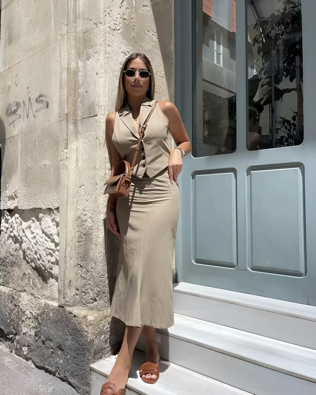 Elegante Mouwloze Vest en A-Lijn Rok Set voor Dames