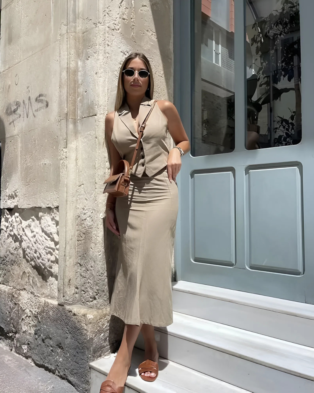 Elegante Mouwloze Vest en A-Lijn Rok Set voor Dames