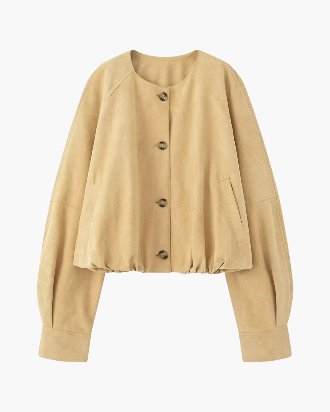 Korte Damesjas – Effen O-hals Jas met Knopen & Zijzakken