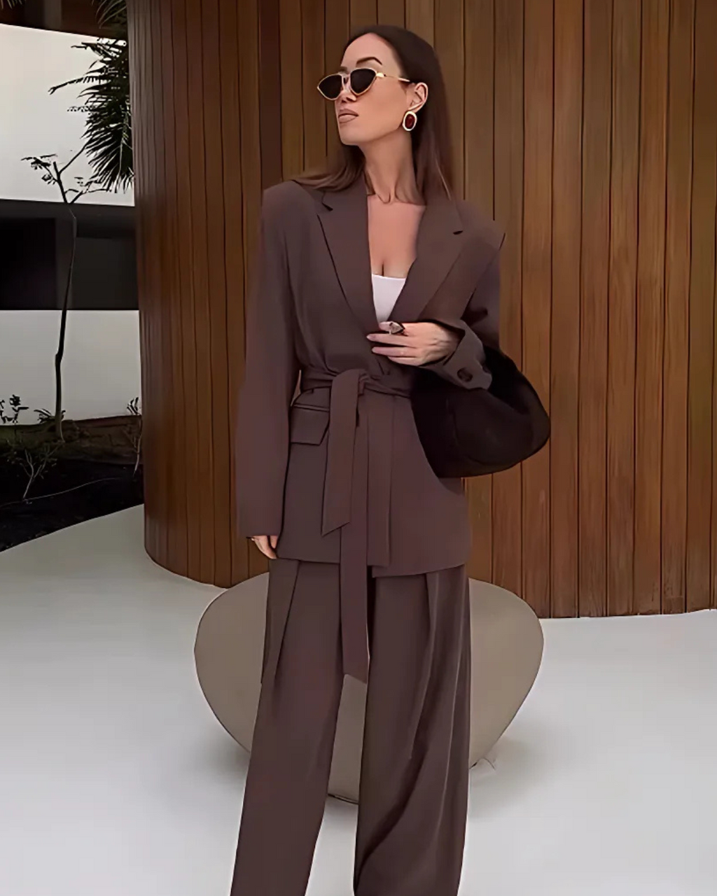 Oversized Bruine Blazer en Pantalon Set met Matching Riem Dames