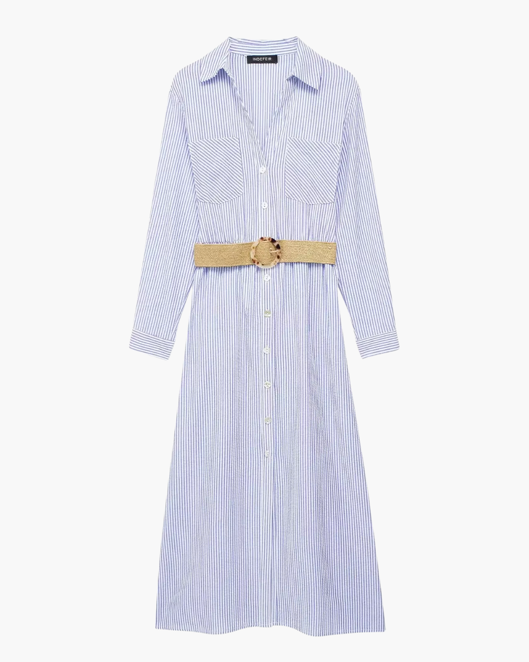 Blauw Gestreepte Shirt Jurk met Riem en Lange Mouwen voor Dames