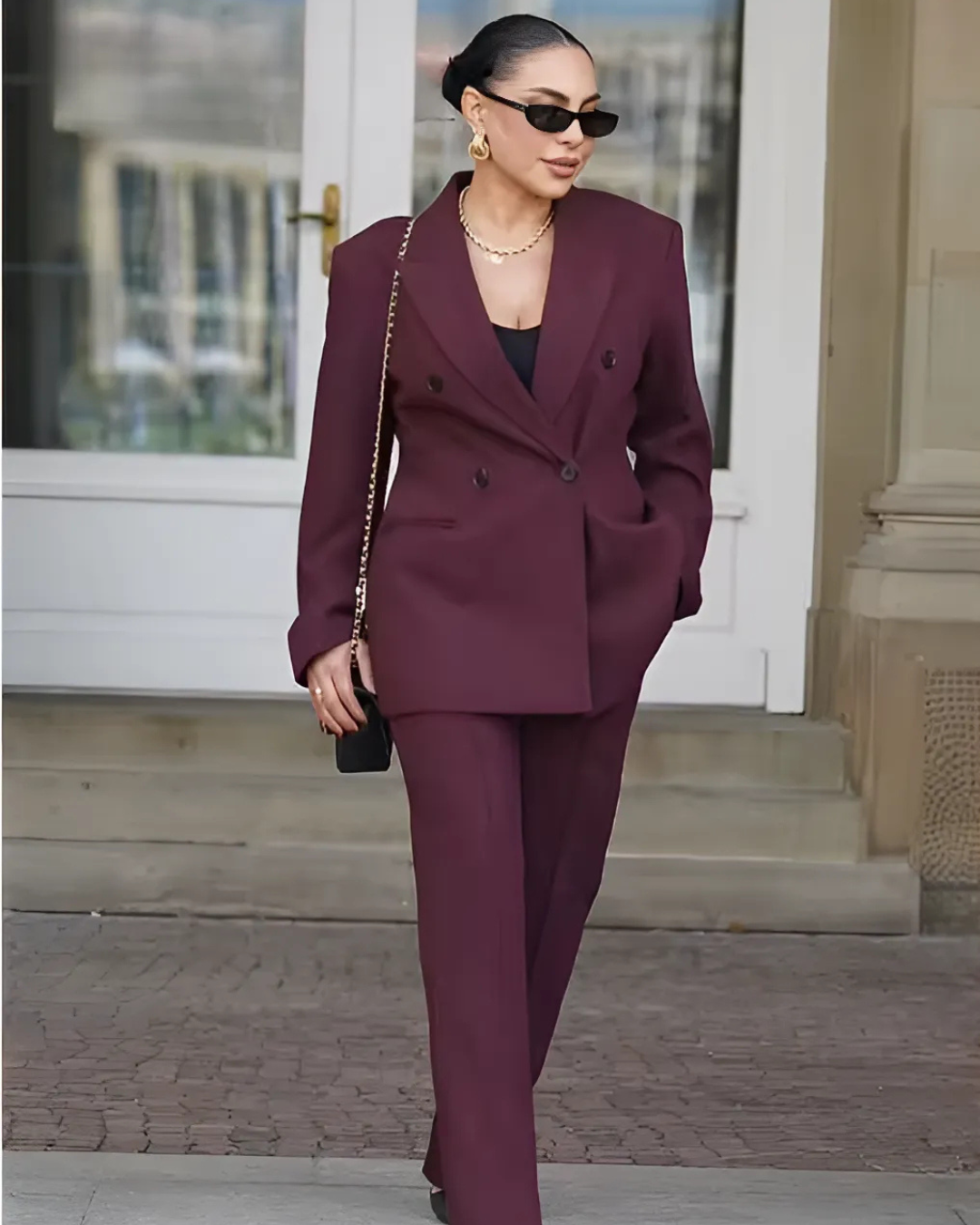 Vintage Bordeaux Rode Blazer en Pantalon Set voor Dames