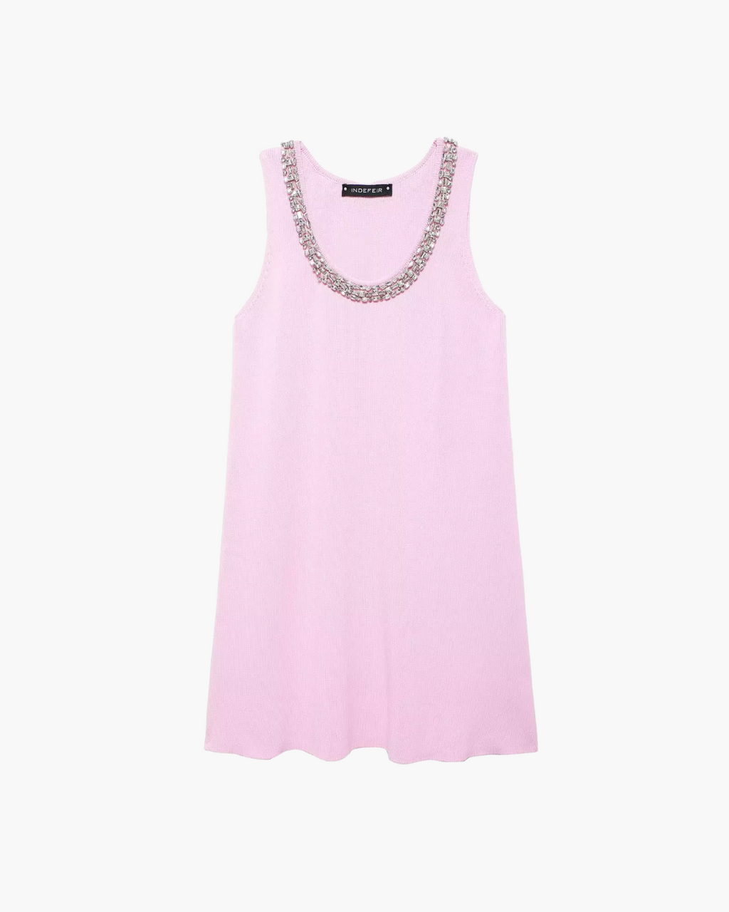 Roze Gebreide Mini Jurk met Strass en O Hals voor Dames