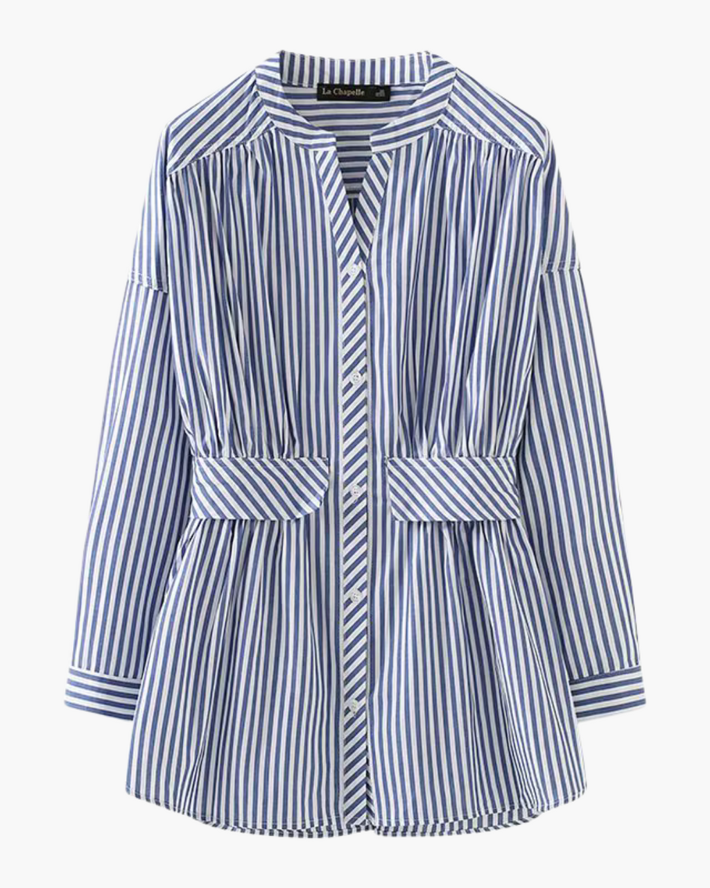 Blauw-Wit Verticaal Gestreept V-Hals Shirt Lente Herfst