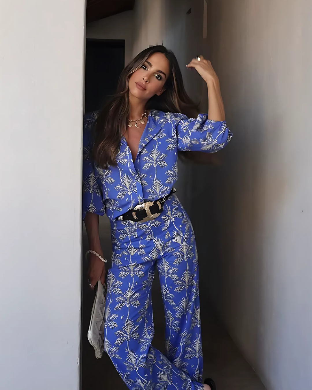 Elegante Luchtige Comfortabele Blauwe Bloemen Set voor Dames