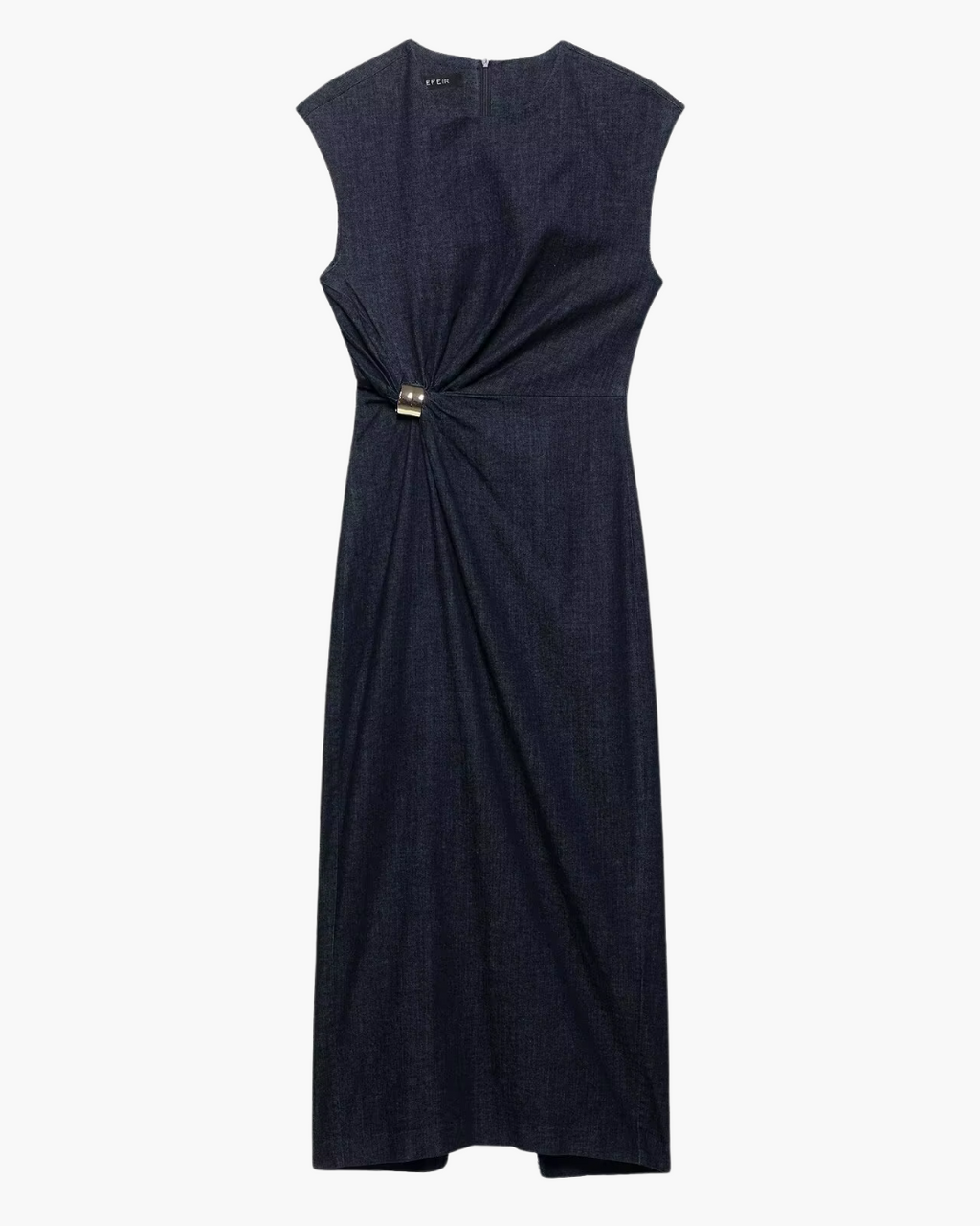 Elegante Denim Midi Jurk Met Gouden Accenten en Split voor Dames
