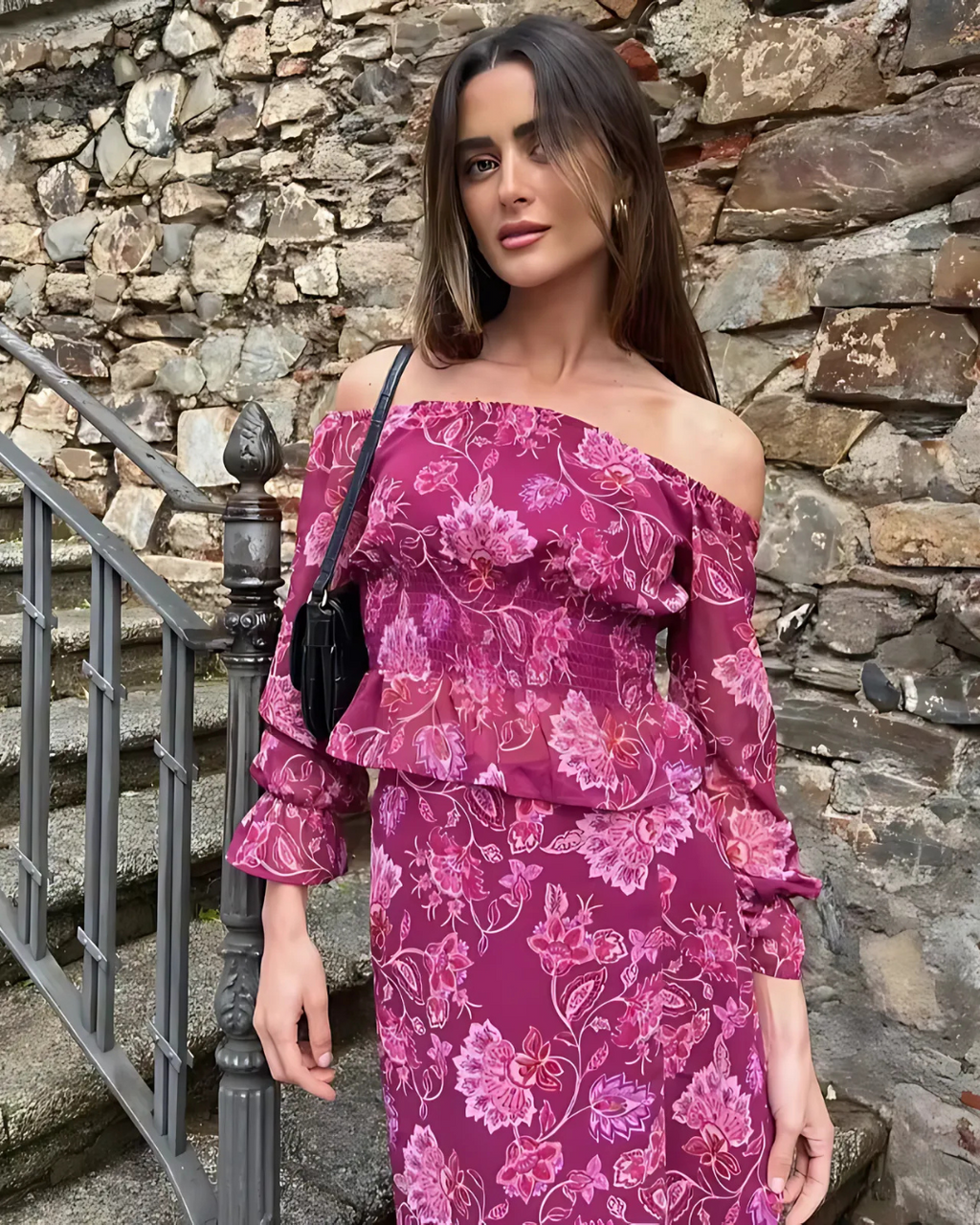 Elegante Paarse One Shoulder Top en Split Rok voor Dames