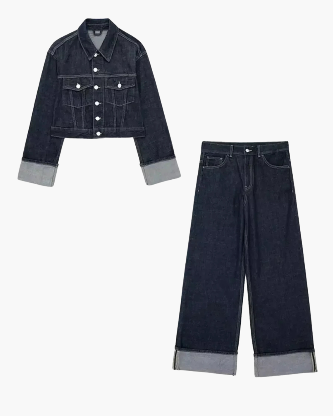 Donkere Denim Oversized Set Met Stiksels voor Dames