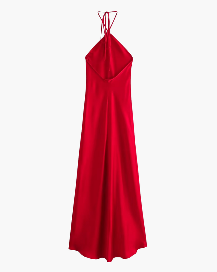 Rode Halterjurk met Open Rug en Off Shoulder voor Dames