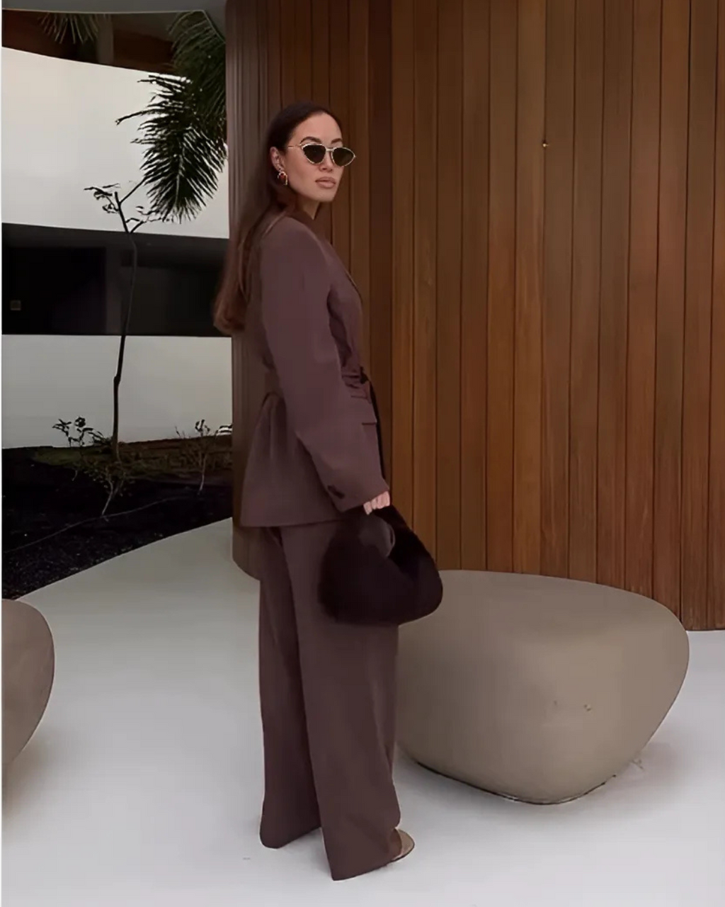 Oversized Bruine Blazer en Pantalon Set met Matching Riem Dames