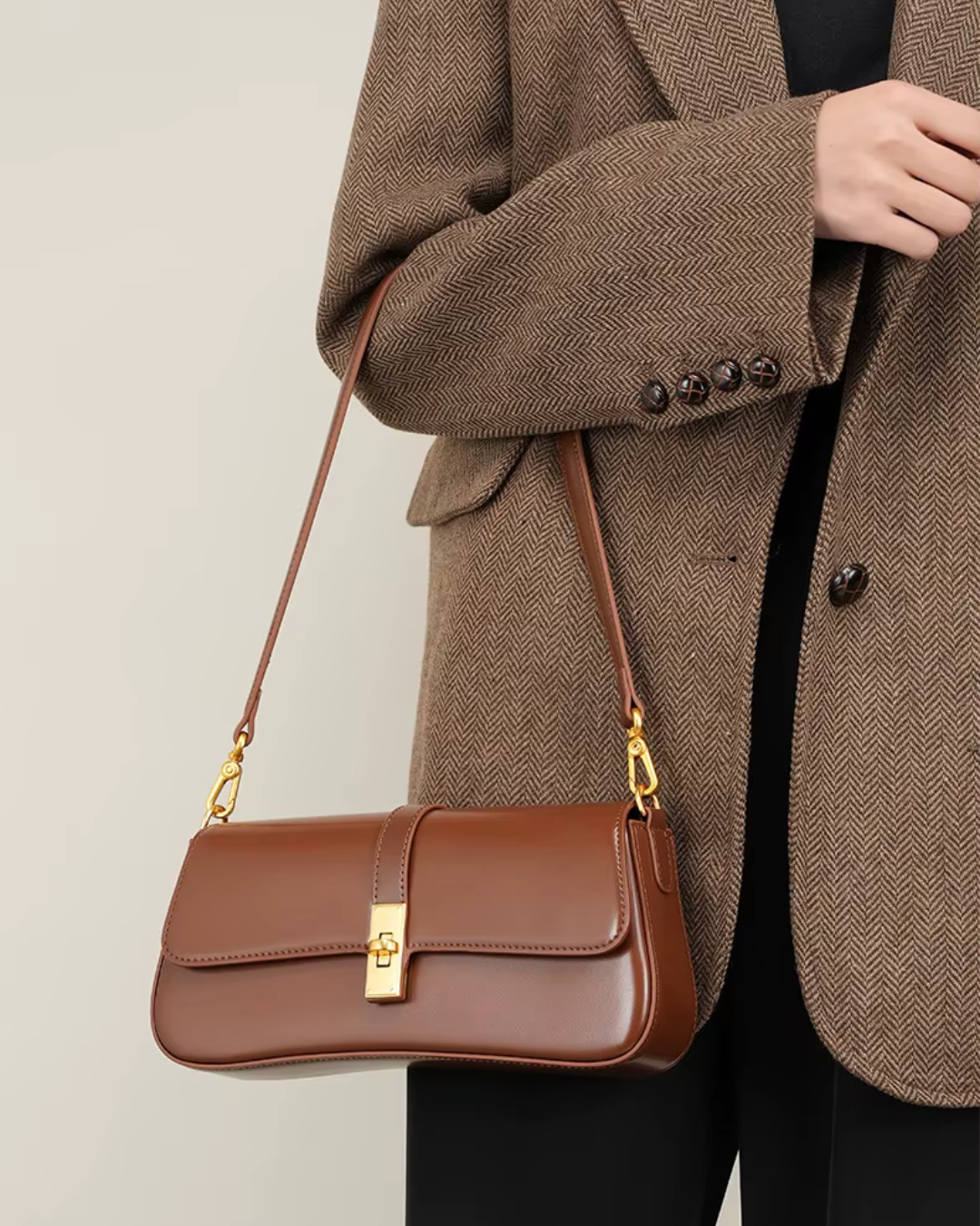 Bruine Leren Schoudertas voor Dames