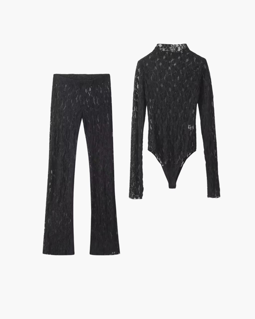 Gebloemde Zwarte Kanten Top en Broek Set voor Dames