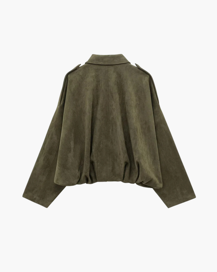 Stijlvolle Olijfgroen Faux Suede Jas met Kraag voor Dames