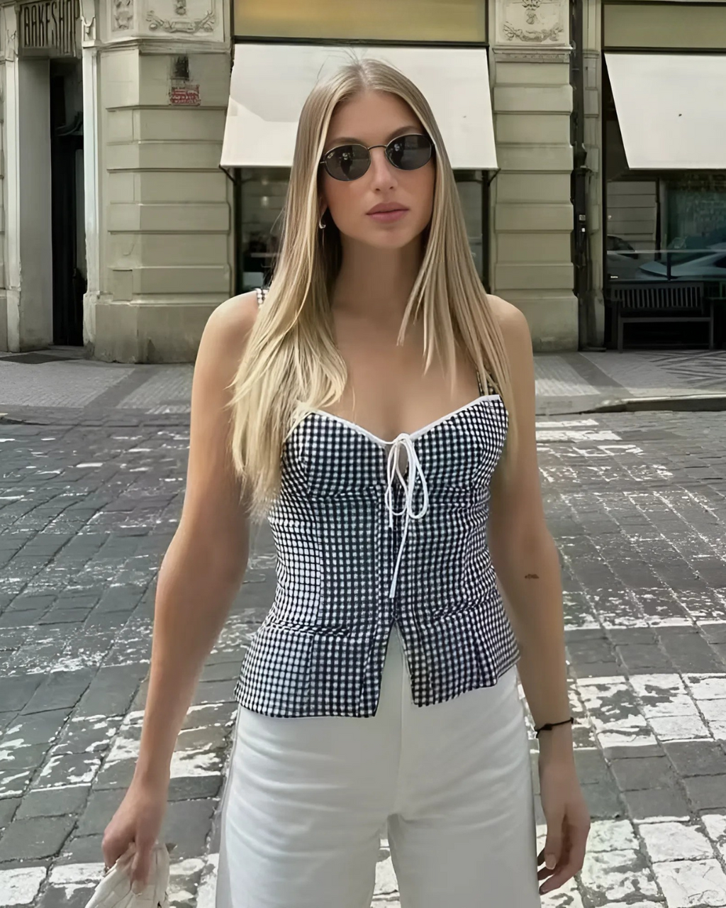 Geruite Camisole Corset Top met Strik voor Dames