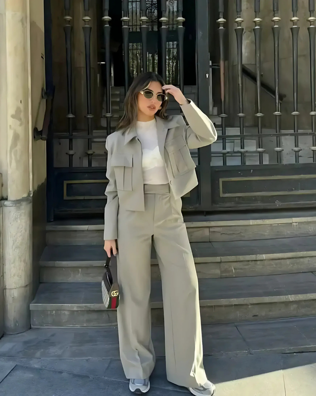 Trendy Groene Tweedelige Jas en Broek Set voor Dames