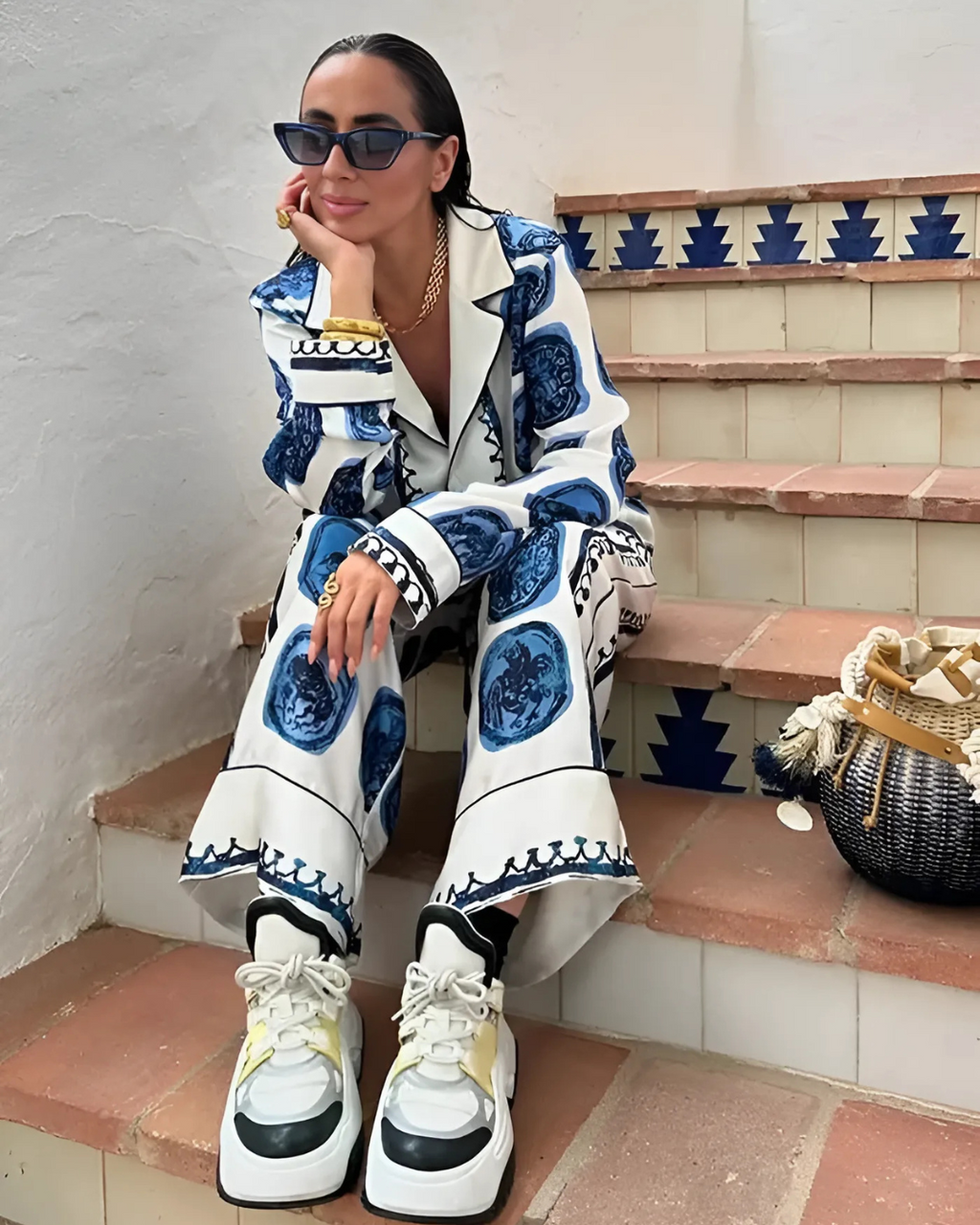 Vintage Casual Dames Pak met Print en Wijde Pijpen voor Dames