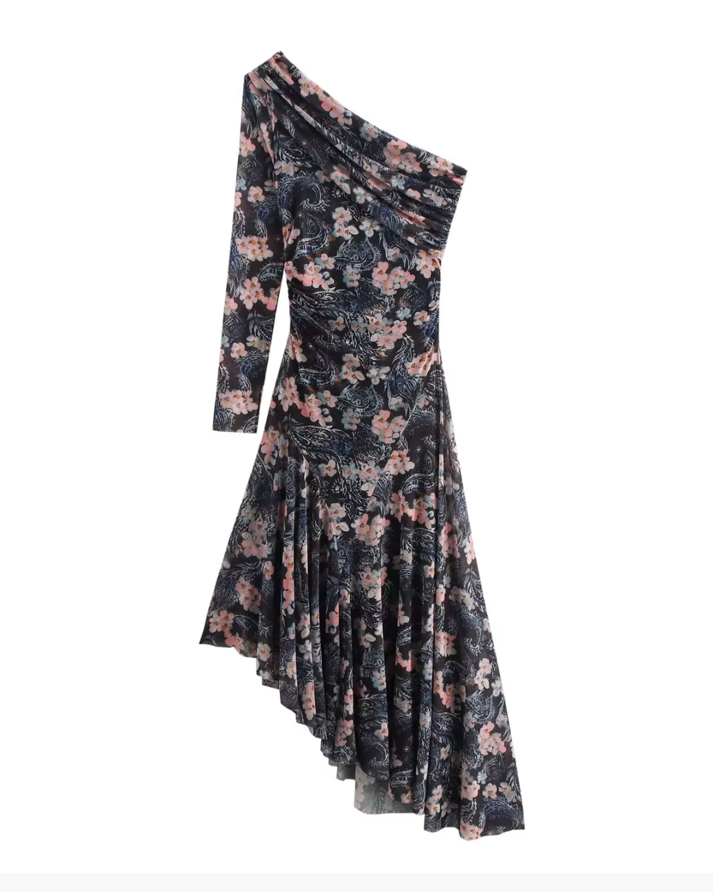 Asymmetrisch Blote Schouder Tule Maxi Jurk met Bloemenprint voor Dames