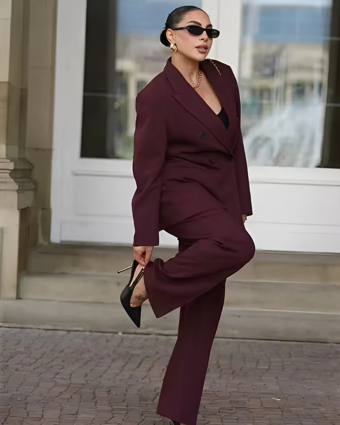 Vintage Bordeaux Rode Blazer en Pantalon Set voor Dames