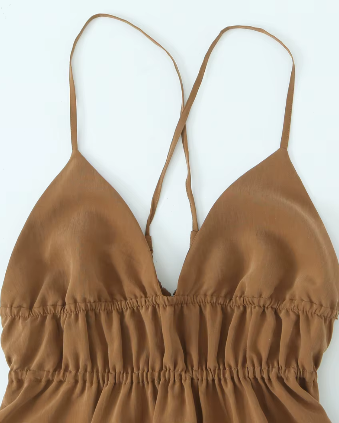 Bruine Zomerse Rimpel Sling Midi Jurk met V-hals voor Dames