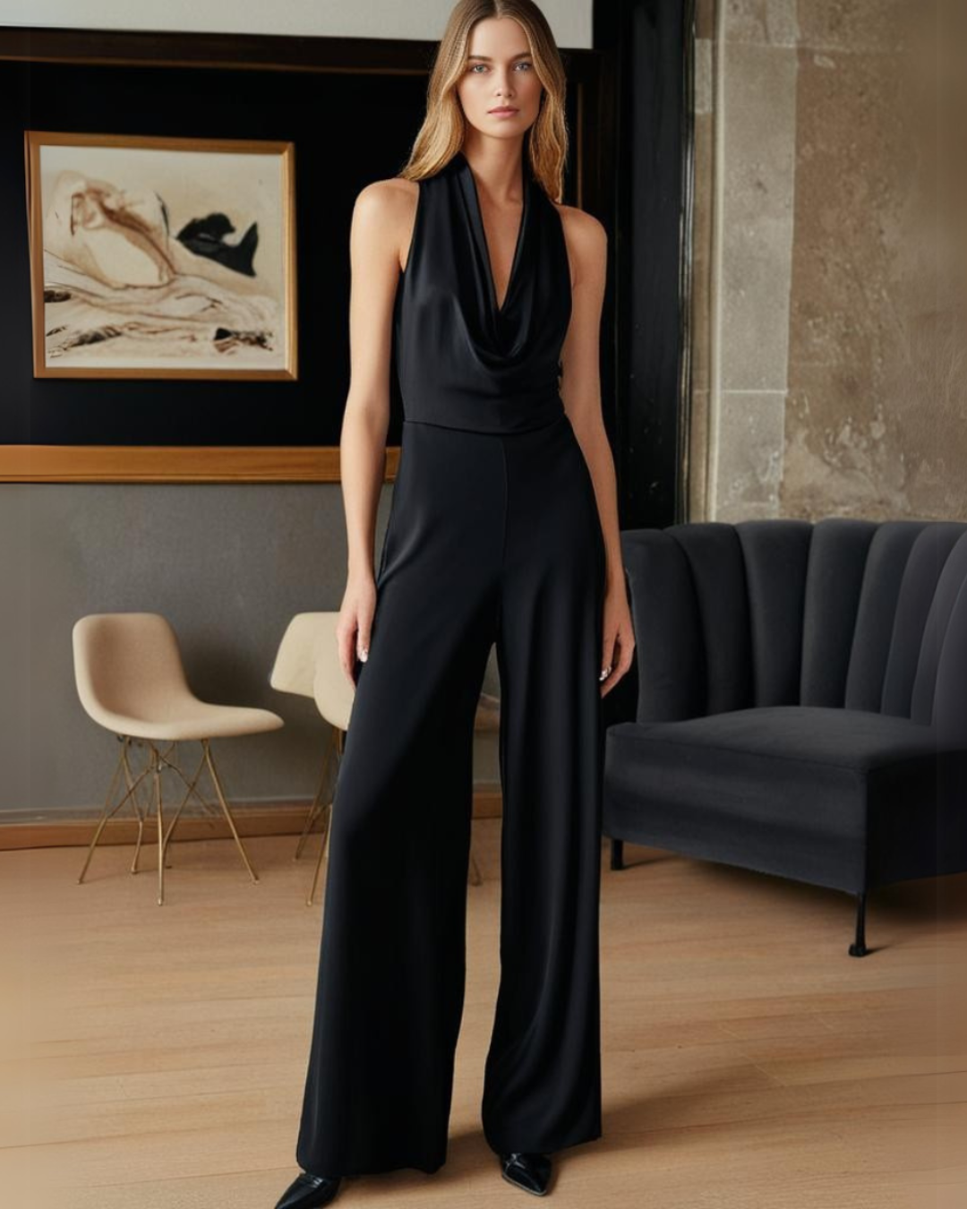 Zwarte Elegante Dames Jumpsuit Met Open Rug